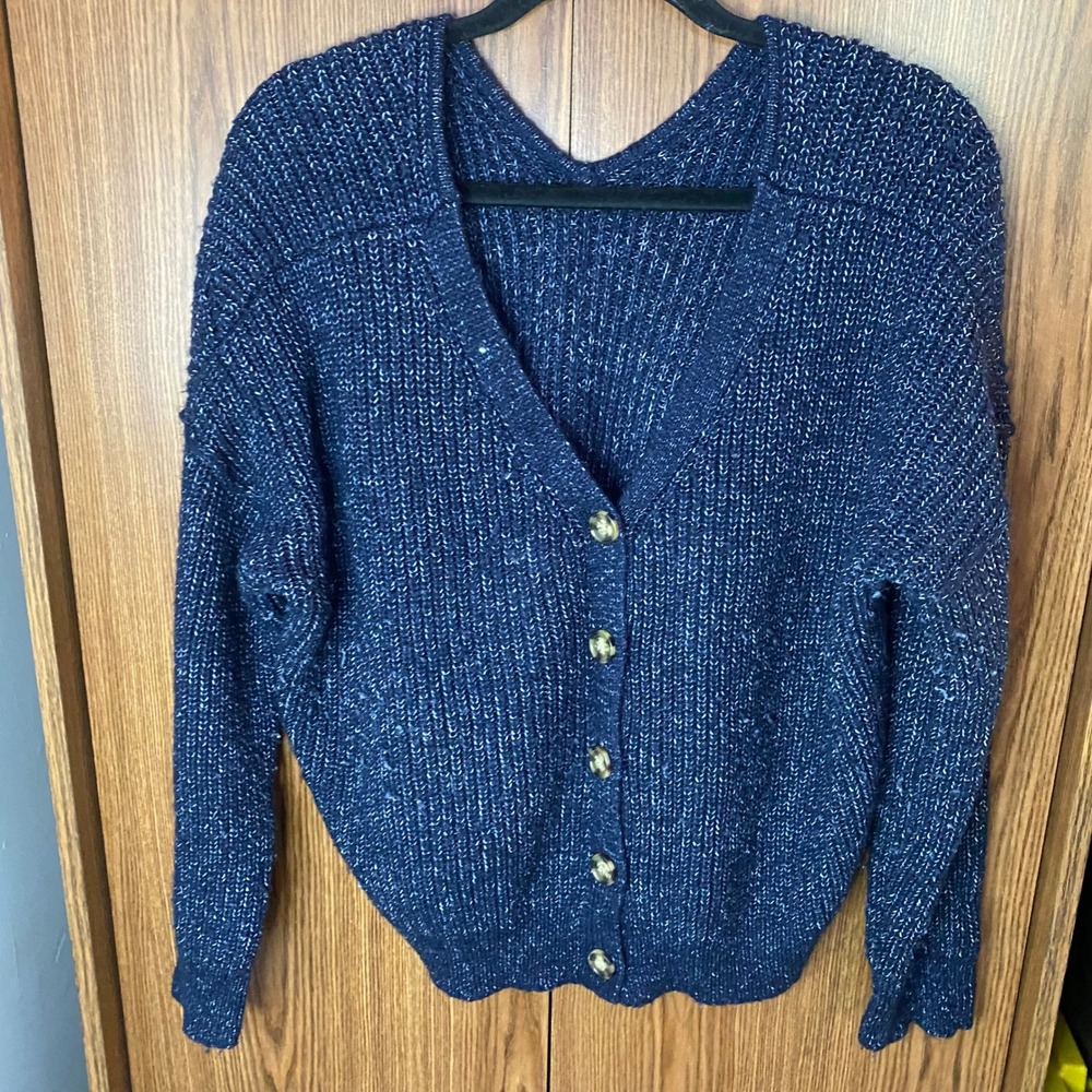 Pink Rose‎ Cardigan Sweater Womens XL Blue Marled V-Neck Button Front